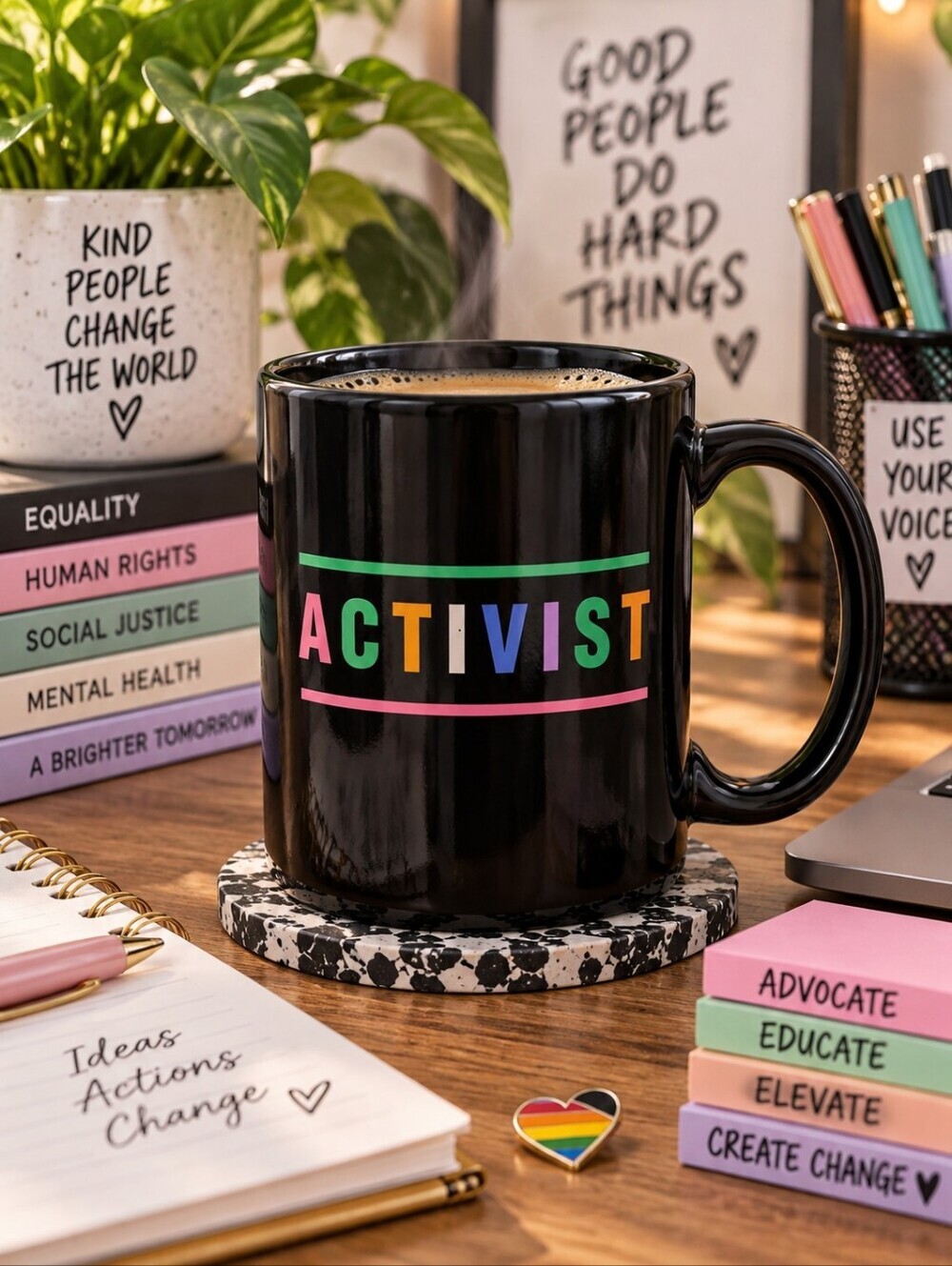 NEW Room Essentials Stoneware Coffe Tea Mug "Activist" Goal Rights Action Doing